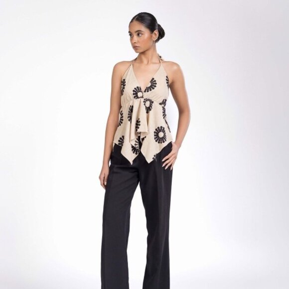 Women's Off White Floral Halter Neck Top, Sleeveless Woven Cotton, Gift for Her - Picture 6 of 8